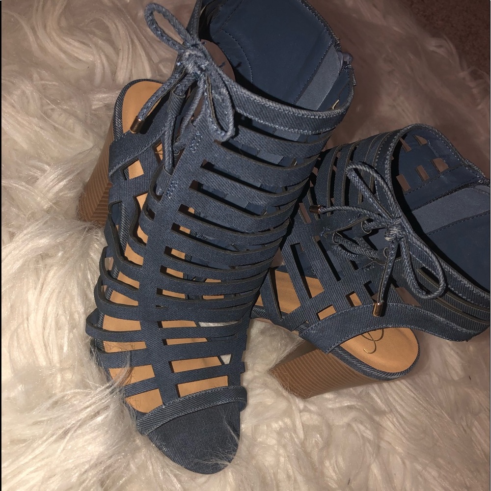 Denim block heels